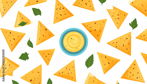 Scattered triangular nacho chips with a central bowl of creamy cheese sauce and fresh herbs.