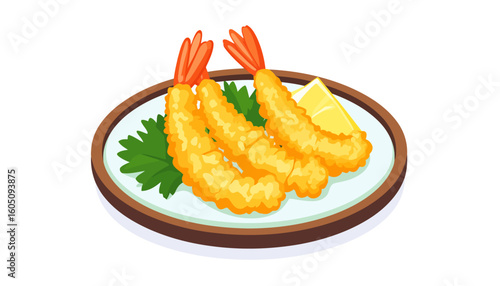 Crispy golden shrimp tempura platter with red tails, served with a lemon wedge and green garnish on a brown-rimmed plate.