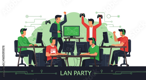 Enthusiastic Gamers Celebrating Victory at Local Area Network Gaming Event Concept
