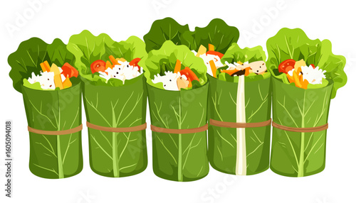 A row of five fresh lettuce wraps filled with rice and colorful vegetables, tied with bands.