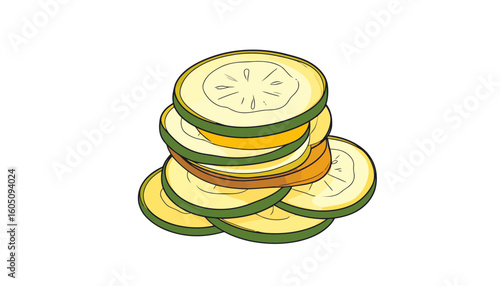 Stylized illustration of stacked green zucchini and yellow summer squash slices with bold outlines.