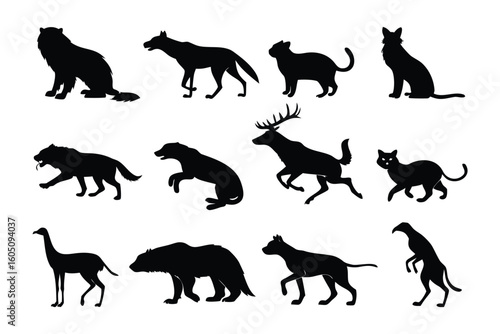 Collection of silhouetted alligators and crocodiles in various dynamic poses and actions captured against a white background