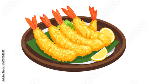 Crispy golden shrimp tempura illustration on a dark plate with lemon wedges.