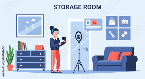 Content Creator Making Product Review In Storage Room For Social Media Platform