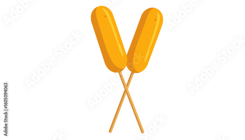 A pair of golden-brown, deep-fried corn dogs on wooden sticks, crossed in a V-shape.