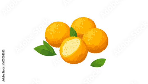 Golden fried arancini balls with a crispy breaded crust, creamy filling, and fresh green leaf garnish.