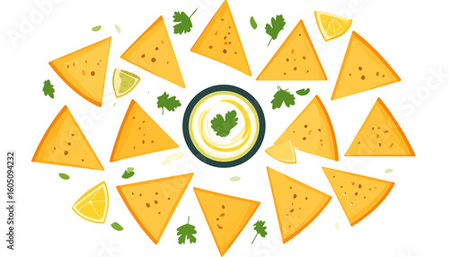A vibrant illustration of crispy tortilla chips arranged around a bowl of creamy dip, garnished with fresh cilantro and zesty lime wedges.