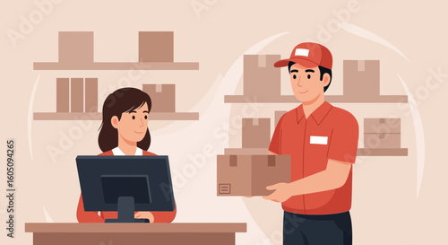 Delivery Guy Handing Over Package To Businesswoman In An Office Setting