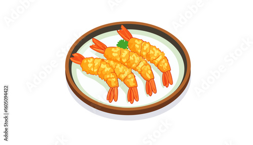 Four pieces of golden-brown shrimp tempura with crispy batter, served on a round plate with a small green garnish.