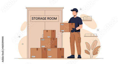 Delivery Man Carrying Boxes From Warehouse For Shipping And Relocation