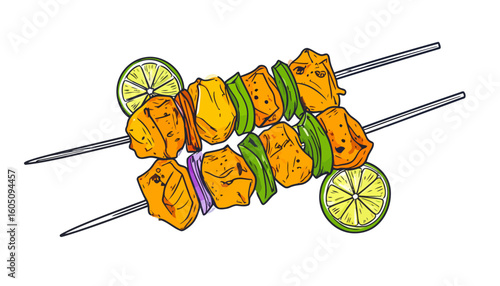 Vibrant hand-drawn illustration of two grilled chicken kebabs with vegetables and lime.