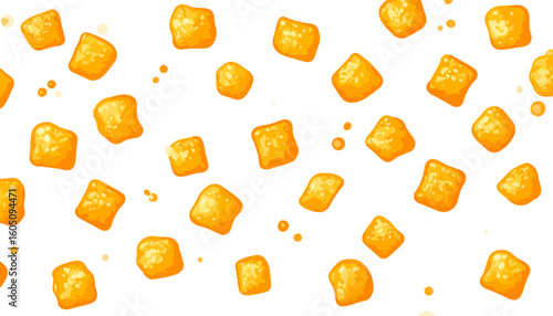 A pattern of golden yellow crunchy pillow-shaped cereal with a textured surface.