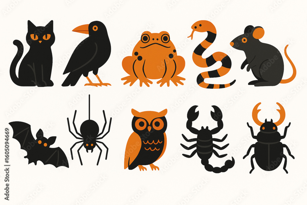 Fototapeta premium Set of Classic and Unusual Witch Familiar Icons in Halloween Flat Vector Style