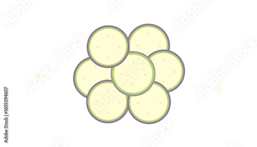 A stylized cluster of round zucchini slices with purple and green rinds and pale flesh.