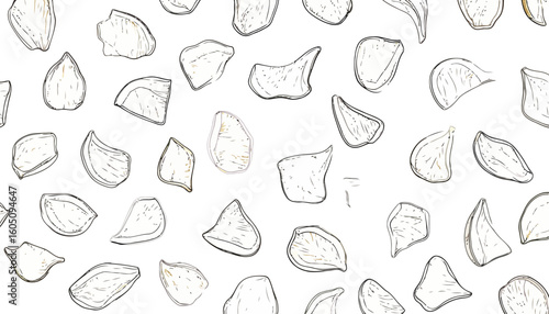 Hand-drawn illustration of scattered garlic cloves with sketchy ink outlines and papery texture.