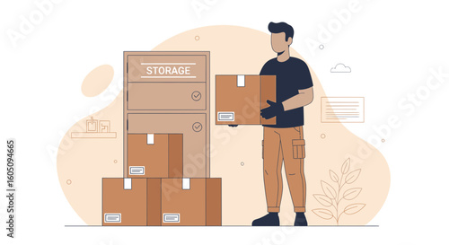 Delivery Service Worker Moving Box Into Warehouse Storage Unit Facility