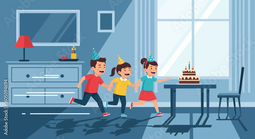 Enthusiastic Kids Running Towards Birthday Cake Ready For Celebrate Party