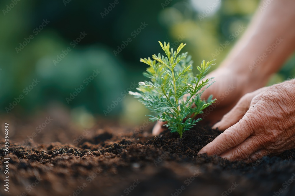 Fototapeta premium elderly hands planting seedling into rich soil promoting sustainability and hope concept