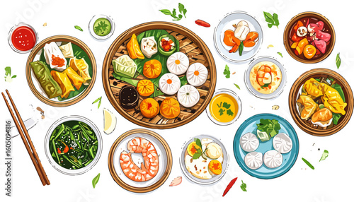 Vibrant Illustrated Assortment of Traditional Asian Dim Sum Dishes and Appetizers