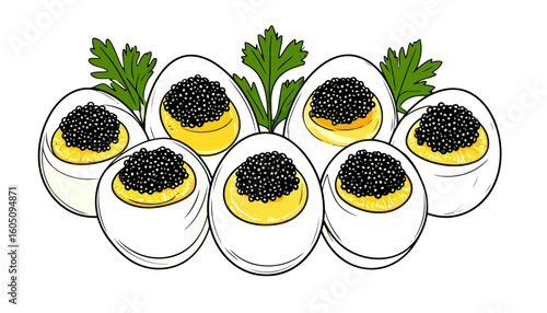 Gourmet appetizer of halved hard-boiled eggs topped with black caviar and parsley.