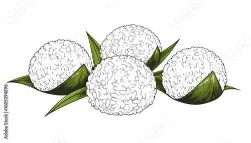 Sketch-style illustration of four traditional rice balls served on vibrant green leaves.