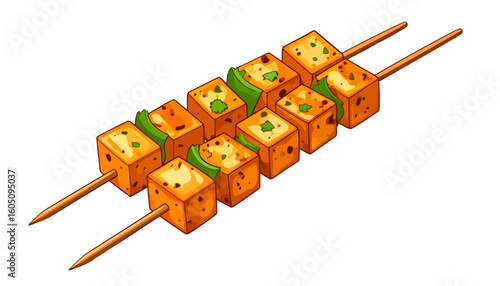 Two skewers of grilled marinated tofu cubes with green peppers, a cartoon-style food illustration.