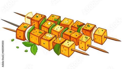 Illustrated grilled paneer tikka skewers with bell peppers and onions, garnished with fresh herbs.