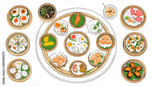 Vibrant watercolor illustration of a traditional dim sum feast with various dumplings and buns in bamboo steamers.