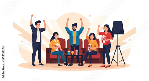 Enthusiastic Movie Audience Watching with Excitement and Enjoying Popcorn