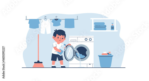 Boy Doing Laundry Chores Adds Detergent To The Washing Machine