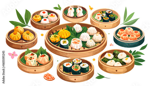 A vibrant illustrated assortment of Chinese dim sum, dumplings, and sushi served in traditional bamboo steamers.