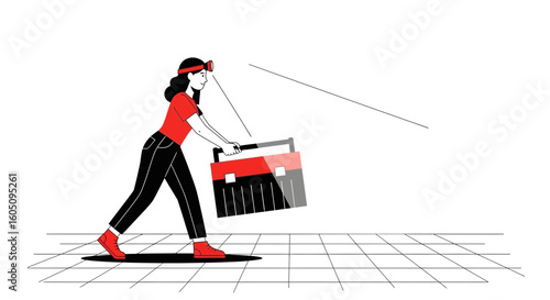Determined Woman Carrying A Toolbox With Headlamp For Home Improvement Project