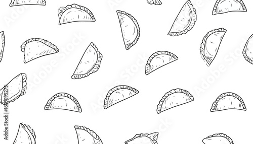 Hand-drawn sketch pattern of savory empanadas with crimped edges.