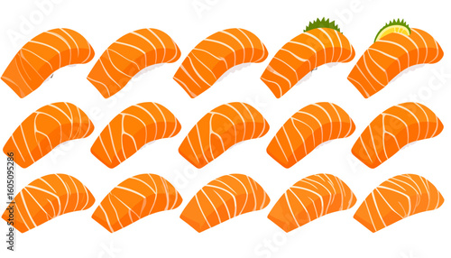 A vibrant collection of illustrated salmon nigiri sushi, featuring fresh orange fish with white stripes and garnishes.