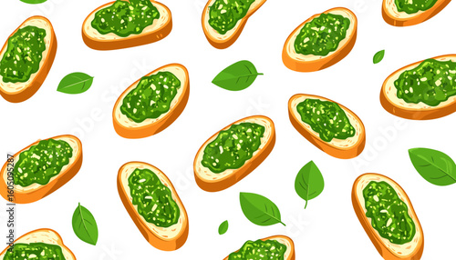 Cartoon illustration of toasted bruschetta with chunky green pesto sauce and fresh basil leaves.
