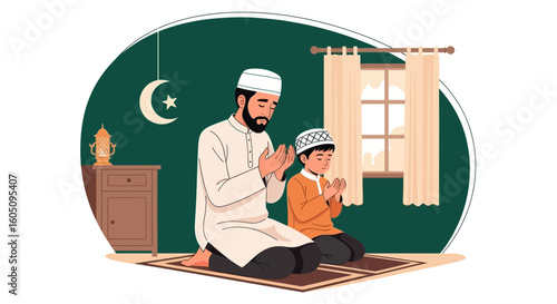 Devout Father And Son Praying Together During Ramadan Inside Home