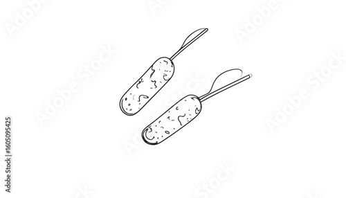 A simple black and white line art illustration of two crispy corn dogs on sticks.