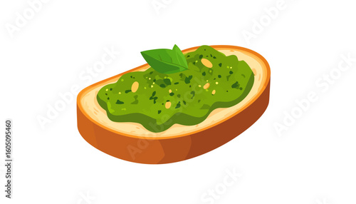 Italian Bruschetta with Green Pesto Sauce, Pine Nuts, and a Fresh Basil Leaf Garnish.