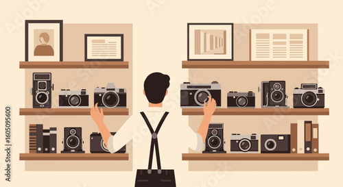 Enthusiastic Photographer Viewing An Assortment Of Classic Cameras On Shelves