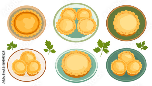 A collection of illustrated ravioli dishes served on colorful plates, garnished with fresh parsley sprigs.