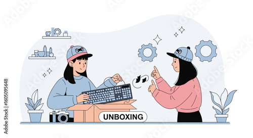 Enthusiastic Reviewers Showcase New Keyboard In Home Tech Product Unboxing Setup