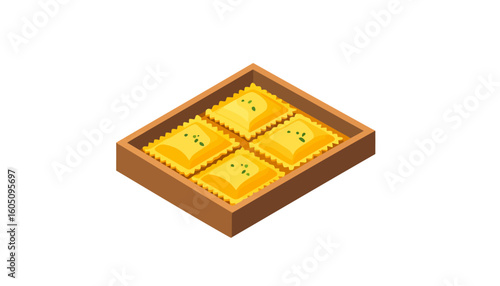 Four uncooked square ravioli with crimped edges and herb garnish in a brown box.