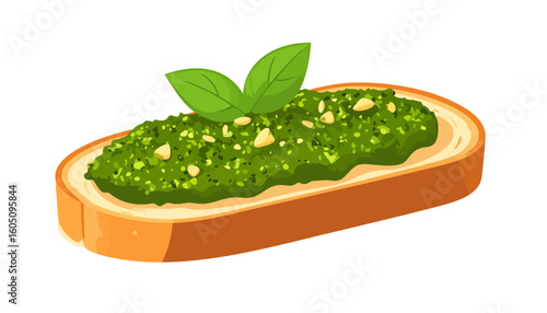 Italian bruschetta with vibrant green pesto sauce, pine nuts, and fresh basil garnish.