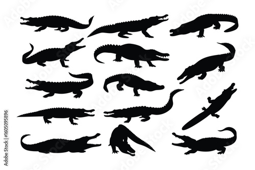 Collection of silhouetted alligators in various dynamic poses showcasing their powerful forms and reptilian features against a white background