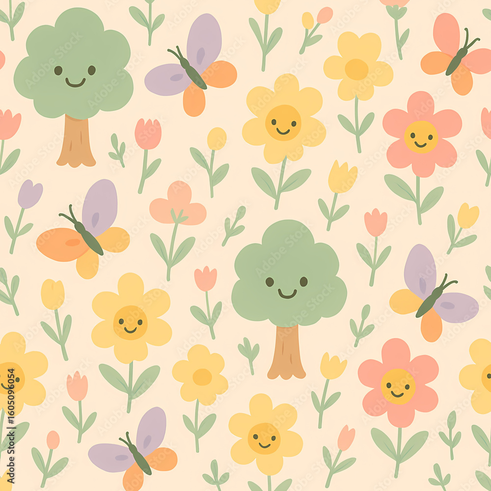 custom made wallpaper toronto digitalA cheerful, whimsical pattern featuring smiling cartoon trees, colorful flowers, and fluttering butterflies on a soft, pale background, evoking a sense of sp...