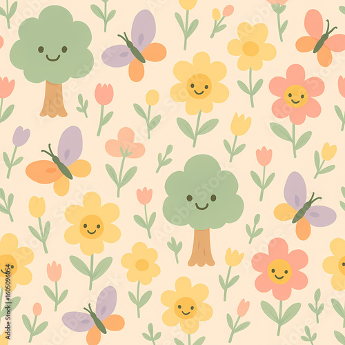 Wallpaper Mural A cheerful, whimsical pattern featuring smiling cartoon trees, colorful flowers, and fluttering butterflies on a soft, pale background, evoking a sense of sp... Torontodigital.ca