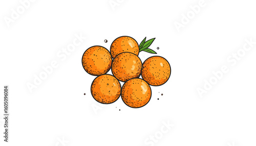 Hand-drawn illustration of golden fried arancini balls with a fresh herb garnish.