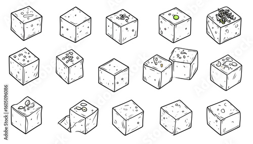 Hand-drawn tofu cubes collection in isometric perspective, featuring various toppings and textures in a black and white sketch style.