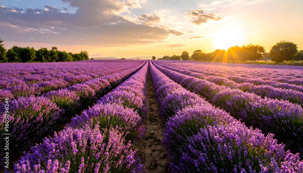 Naklejka premium Lavender field at sunset glows brightly.