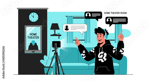 Enthusiastic Vlogger Broadcasts Live Streaming From His Home Theater Room